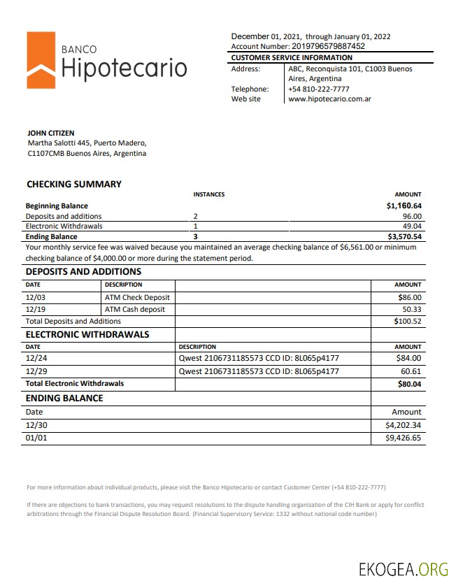Relevé bancaire Argentine Banco Hipotecario